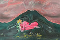 Artistic depiction of a figure embracing a mountain with a cityscape below, framed in black.