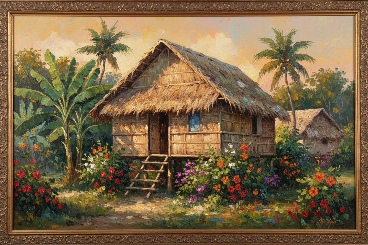 Filipino fine art painting of a traditional Bahay Kubo nipa hut surrounded by tropical vegetation at golden hour
