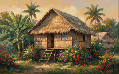Filipino fine art painting of a traditional Bahay Kubo nipa hut surrounded by tropical vegetation at golden hour