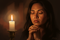 Digital painting of a Filipino woman's face illuminated by candlelight in deep darkness, chiaroscuro style