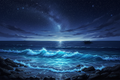 Digital painting of bioluminescent Philippine sea at night with star-filled sky and lone bangka silhouette