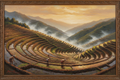 Filipino fine art painting of the Banaue Rice Terraces at golden hour with Ifugao farmers and misty mountain valleys