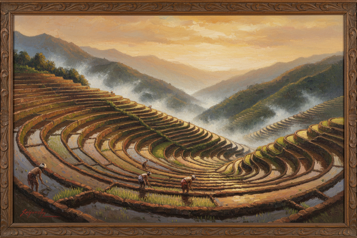 Filipino fine art painting of the Banaue Rice Terraces at golden hour with Ifugao farmers and misty mountain valleys