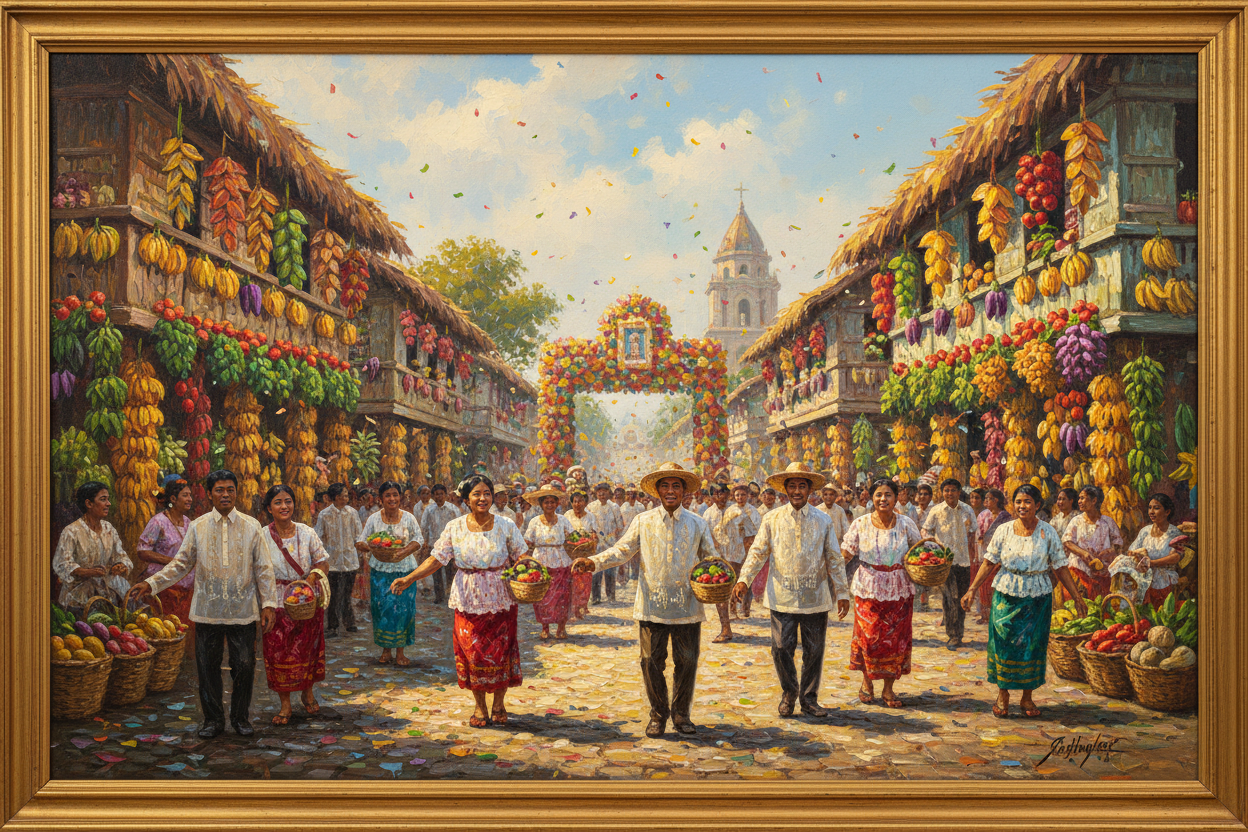 Filipino fine art painting of the Pahiyas Festival in Lucban Quezon with colorful kiping rice wafer decorations on house facades and festive parade