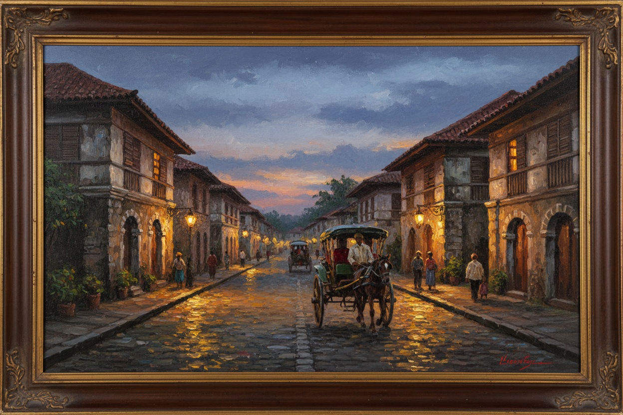 Filipino fine art painting of Vigan's Calle Crisologo at dusk with a kalesa carriage, glowing lanterns, and Spanish colonial ancestral houses