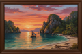 Filipino fine art painting of a Palawan sunset with dramatic limestone karst cliffs, turquoise waters, and a paraw sailboat silhouetted against an orange and violet sky