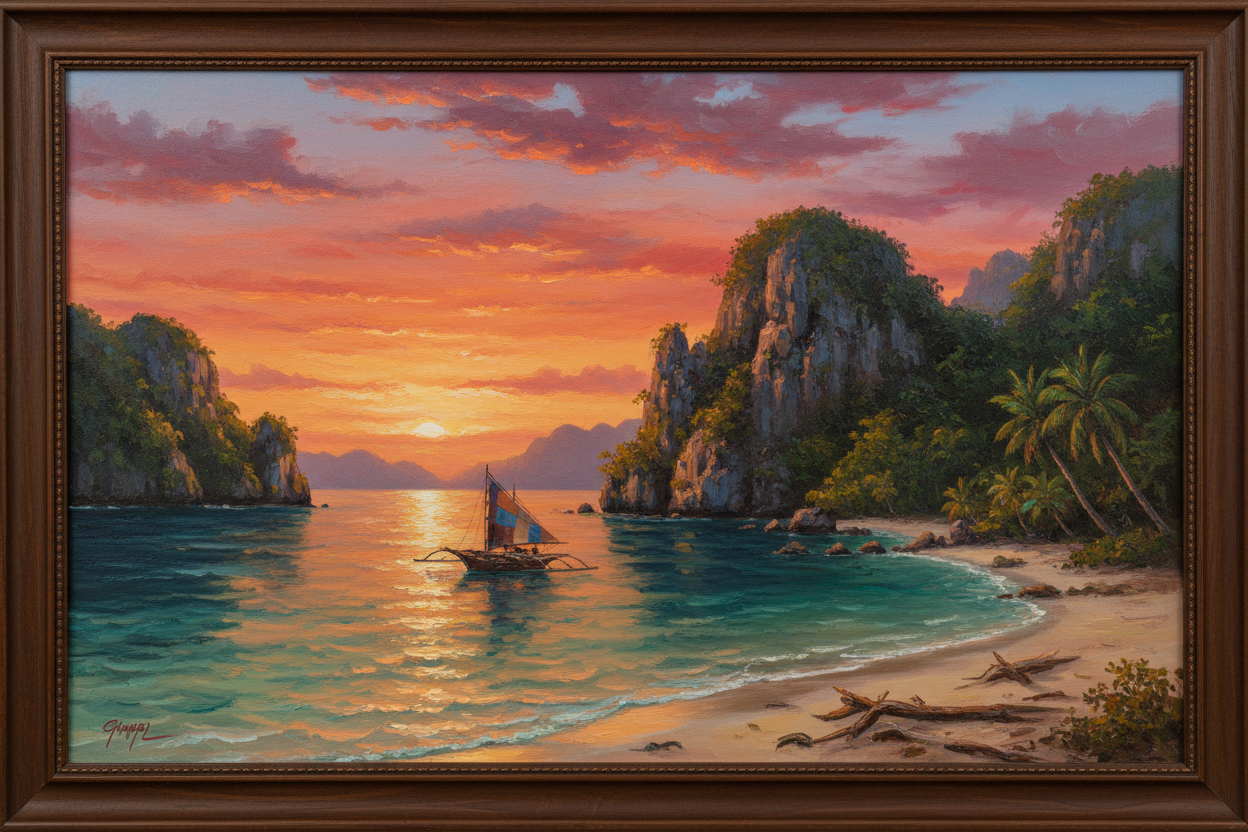Filipino fine art painting of a Palawan sunset with dramatic limestone karst cliffs, turquoise waters, and a paraw sailboat silhouetted against an orange and violet sky