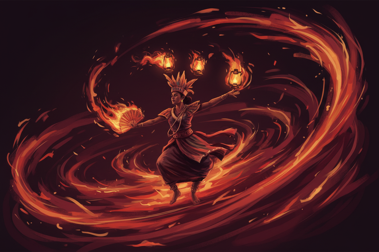 Digital painting of a Filipino folk dancer surrounded by swirling flames and embers in crimson and orange tones