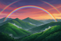 Digital painting of a vibrant rainbow over misty Philippine mountain highlands with lush emerald slopes