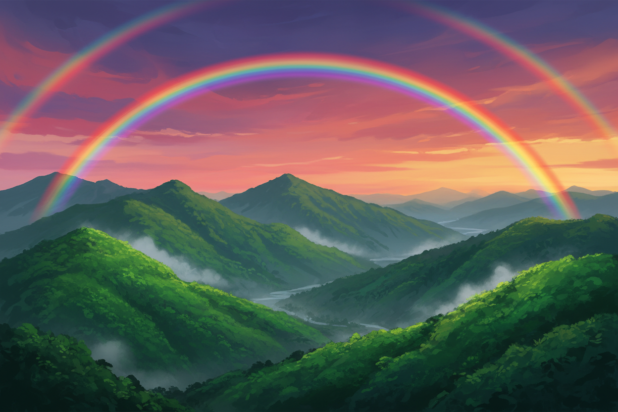 Digital painting of a vibrant rainbow over misty Philippine mountain highlands with lush emerald slopes