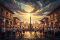 Digital painting of Philippine Independence Day with sun rays, flags, and a historic plaza in gold and crimson tones