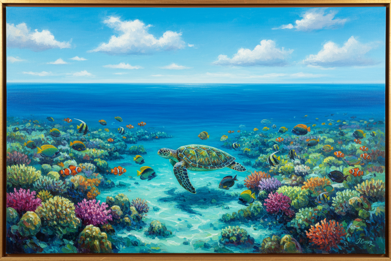 Filipino fine art painting of Tubbataha Reef with vibrant coral gardens, a sea turtle, and a school of tropical fish in crystal-clear turquoise waters