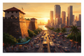 Digital painting of Manila cityscape at golden hour with Intramuros walls and modern skyline