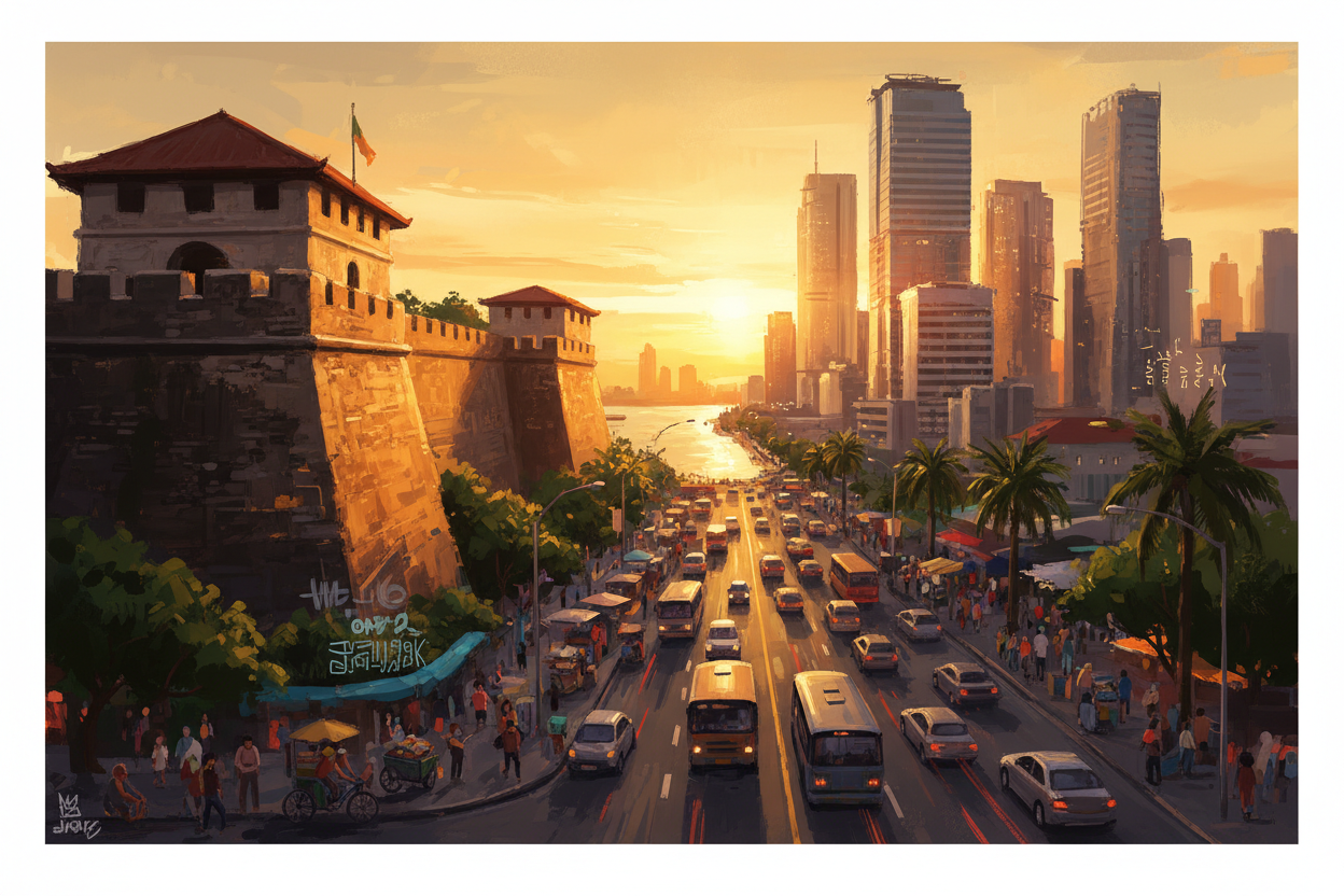Digital painting of Manila cityscape at golden hour with Intramuros walls and modern skyline