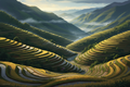 Digital painting of Philippine rice terraces cascading down emerald hillsides with golden afternoon light and mountain mist