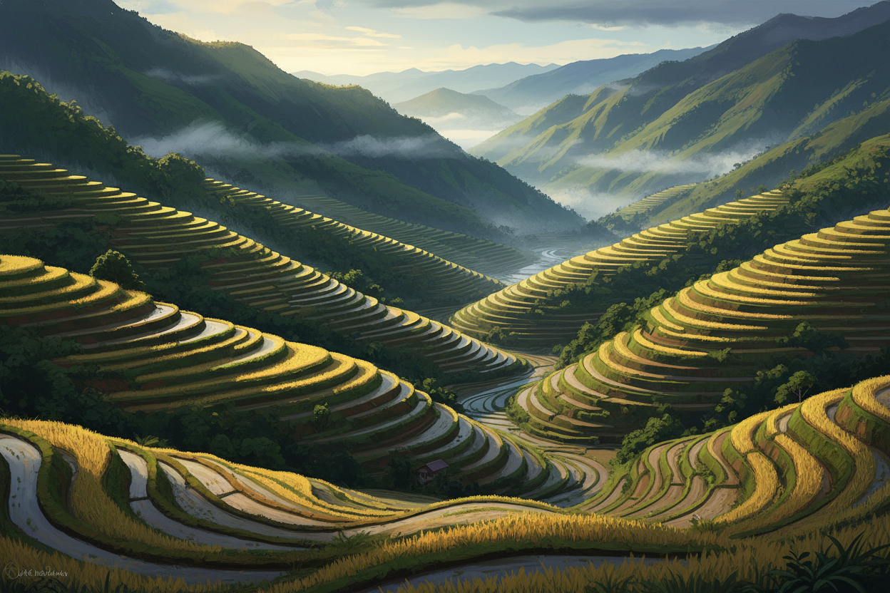 Digital painting of Philippine rice terraces cascading down emerald hillsides with golden afternoon light and mountain mist