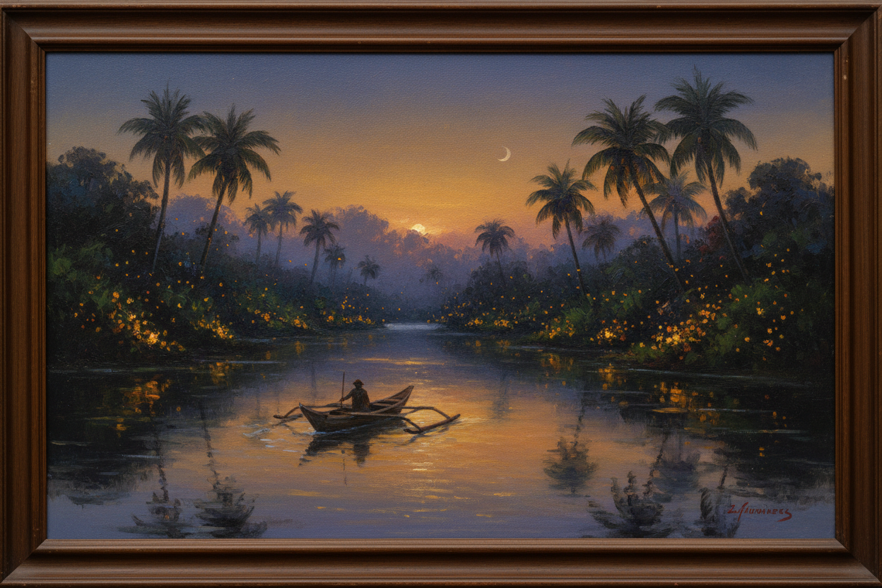 Filipino fine art painting of a bangka outrigger boat on a calm river at nightfall with fireflies and coconut palms