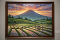 Filipino fine art painting of Mayon Volcano at sunrise with rice terraces and farmers in the foreground
