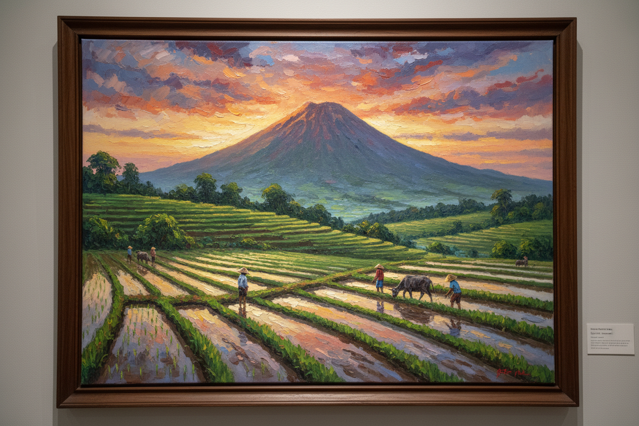 Filipino fine art painting of Mayon Volcano at sunrise with rice terraces and farmers in the foreground