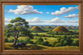 Filipino fine art painting of the Chocolate Hills of Bohol with a carabao resting under a talisay tree under a dramatic blue sky
