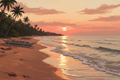 Digital painting of a Philippine beach shoreline at dusk with coral and gold sunset tones