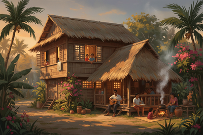 Digital painting of a traditional Filipino nipa hut at dusk with warm amber light through capiz shell windows and tropical garden