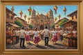 Filipino fine art painting of a colorful village fiesta with folk dancers in traditional attire, parol lanterns, and a church in the background