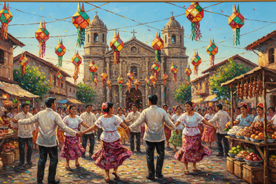 Filipino fine art painting of a colorful village fiesta with folk dancers in traditional attire, parol lanterns, and a church in the background